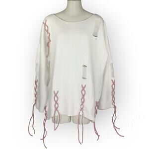 Medium POL Luxe Distressed Sweater Oversize Soft Ties Rips OffWhite DustyRose